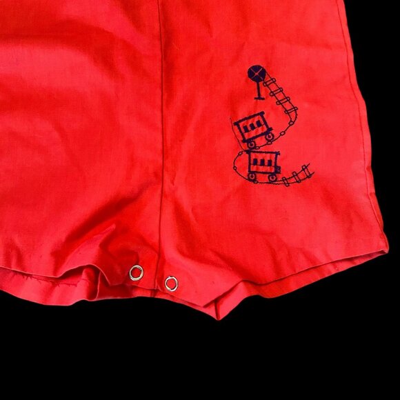 Vintage Sears Cherry Red Train Embroidered Sunsuit Romper 12-18 Months - Picture 2 of 5